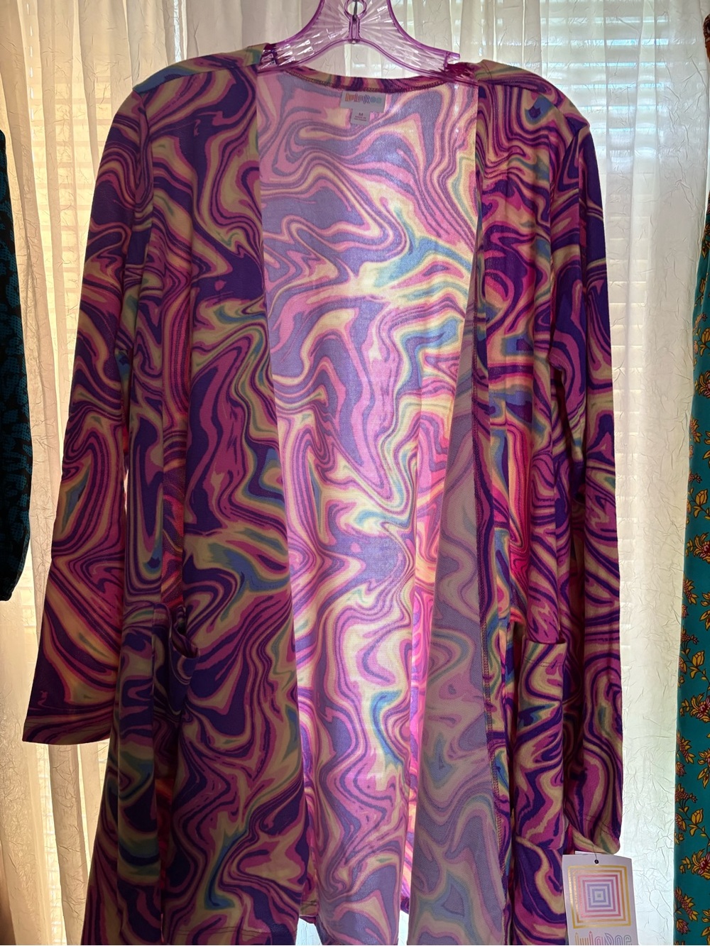 LuLaRoe Purple Pink Yellow Swirl Cardigan - Picture 5 of 5